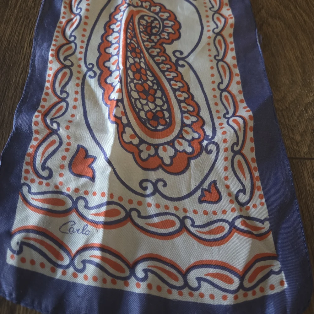 Vintage Carlo Paisley Satin Oblong Scarf Red White Blue Retro Neck Scarf
